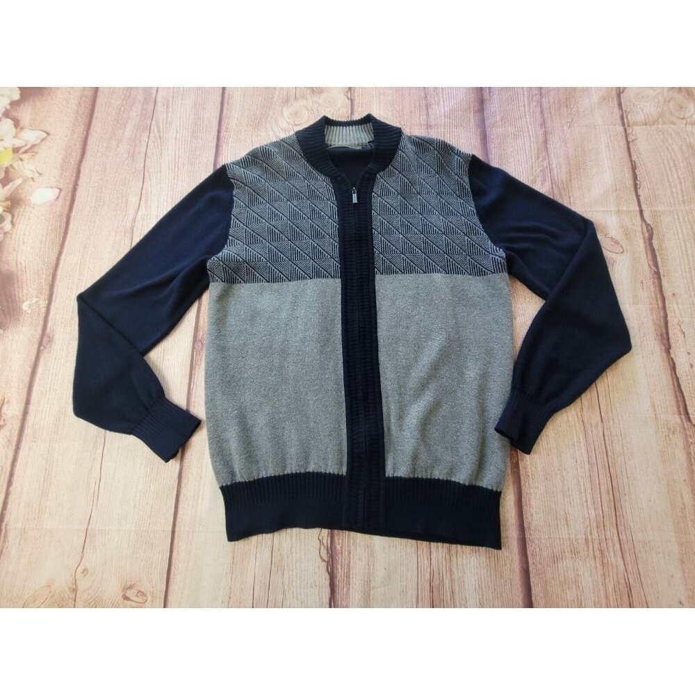 Sean John Men Sweater Full Zip Cardigan Navy Blue Gray Long Sleeve Size L - Picture 2 of 12